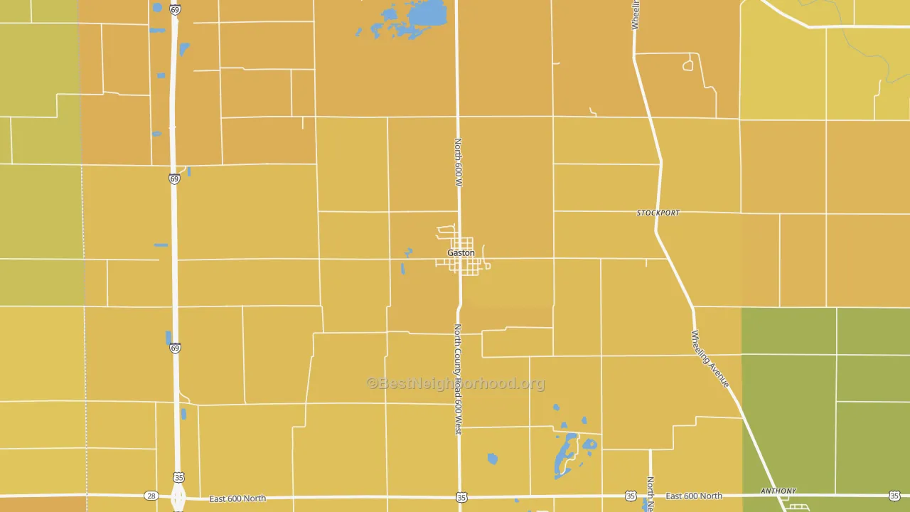 Map of the best neighborhoods in the 47342 area, with better matches in green and worse matches in red