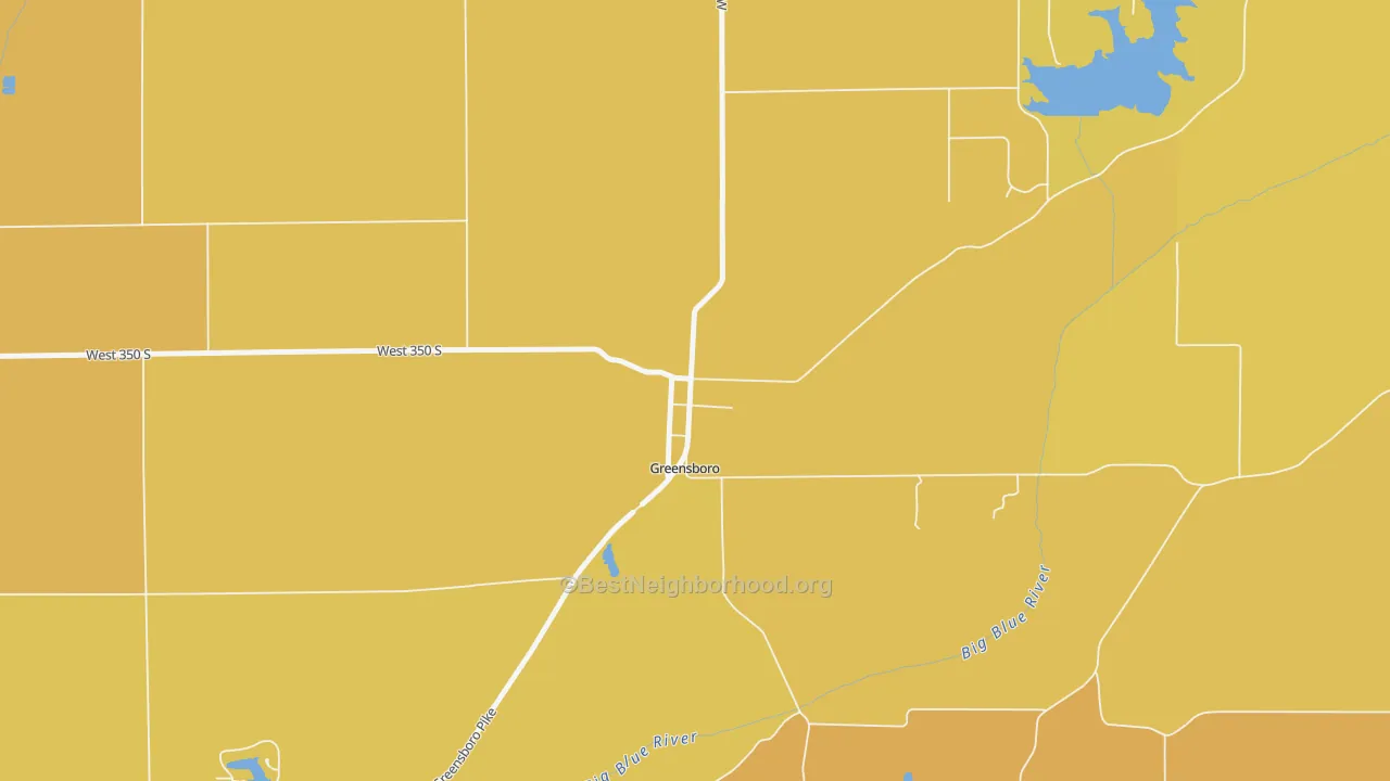 Map of the best neighborhoods in the 47344 area, with better matches in green and worse matches in red