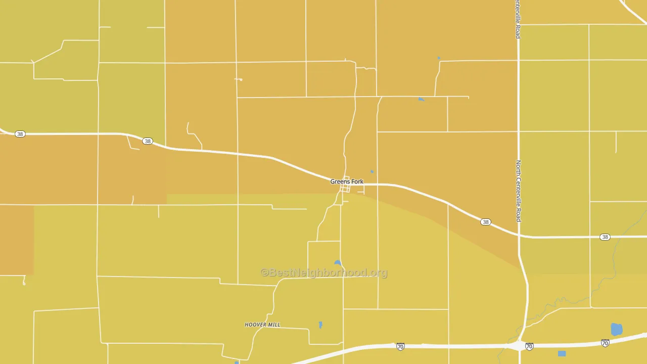 Map of the best neighborhoods in the 47345 area, with better matches in green and worse matches in red