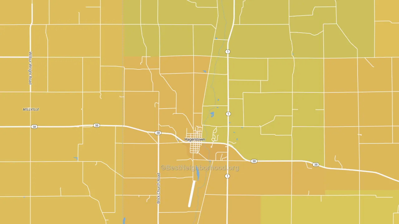 Map of the best neighborhoods in the 47346 area, with better matches in green and worse matches in red