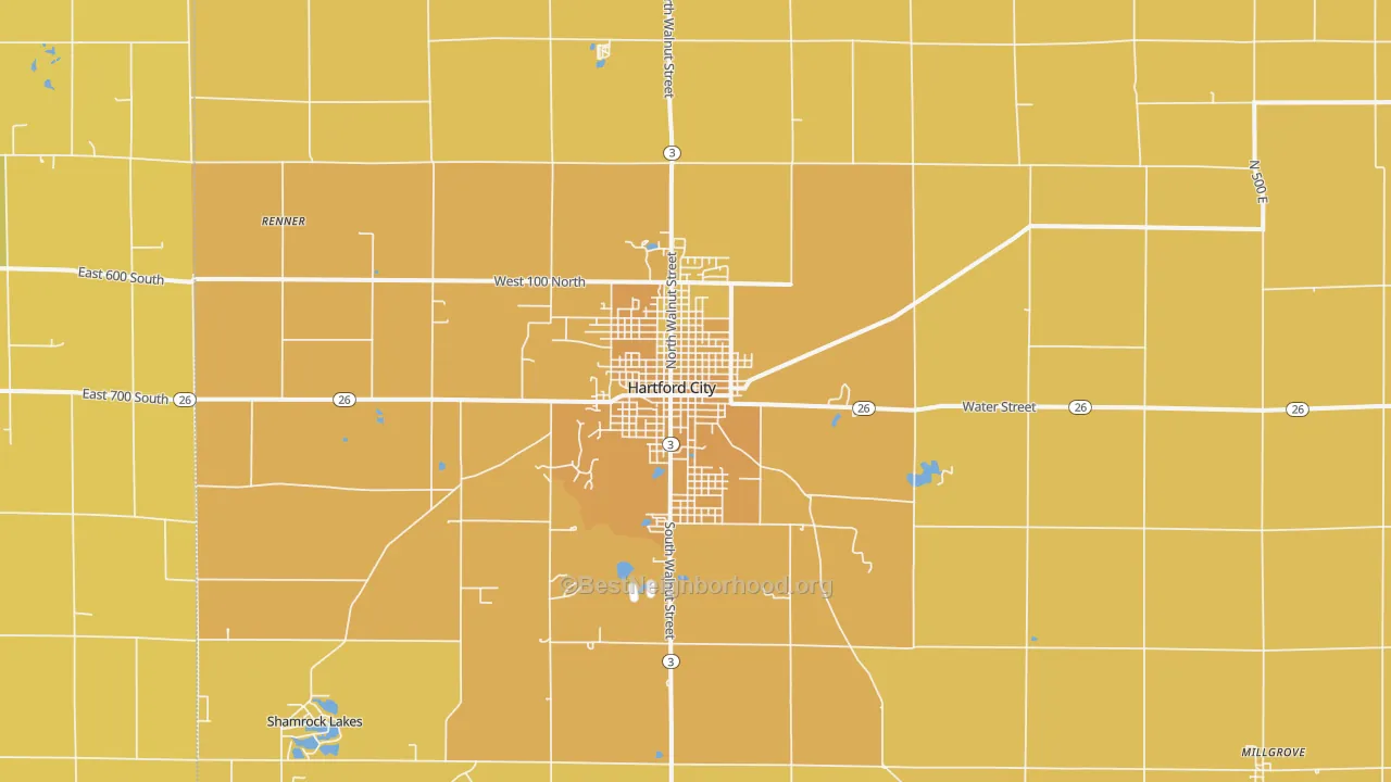 Map of the best neighborhoods in the 47348 area, with better matches in green and worse matches in red