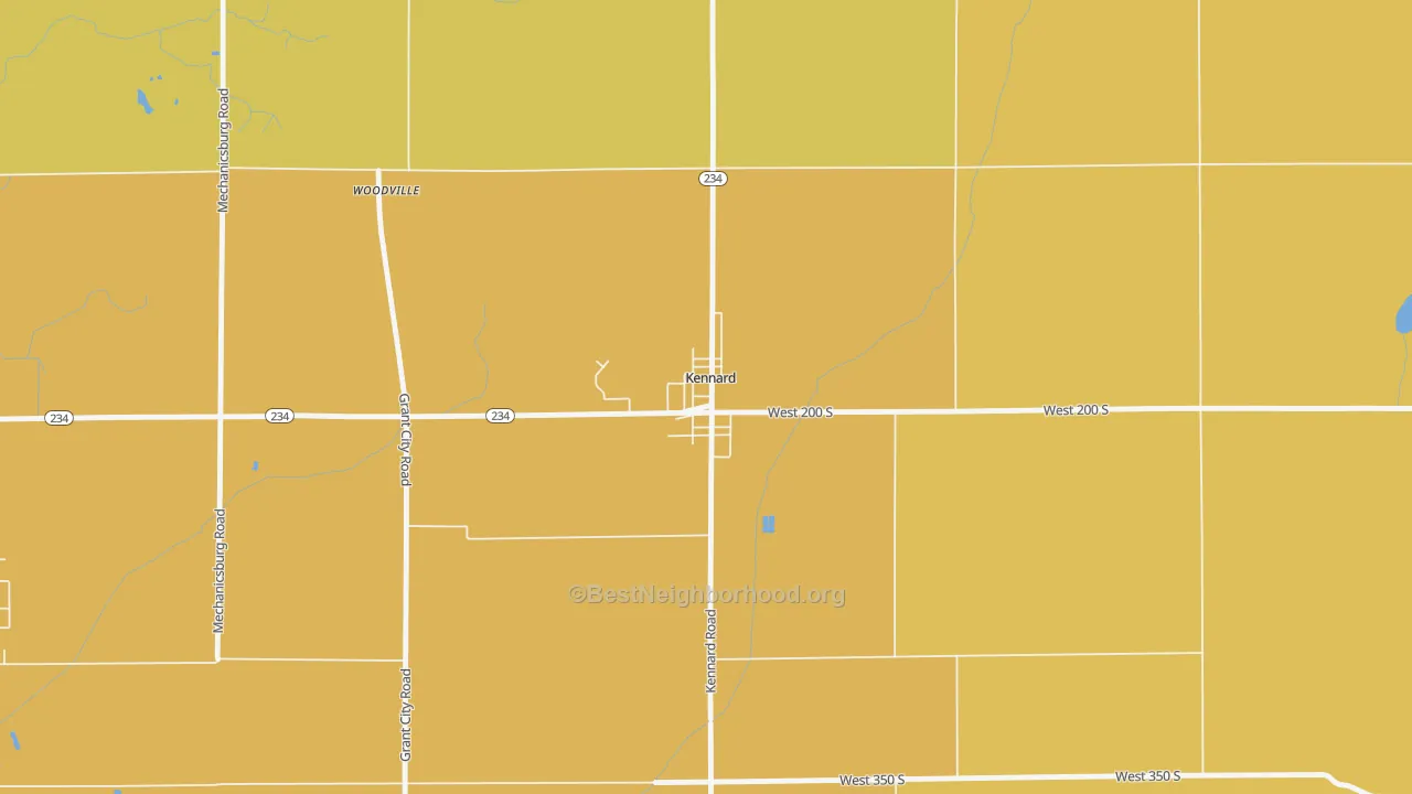 Map of the best neighborhoods in the 47351 area, with better matches in green and worse matches in red
