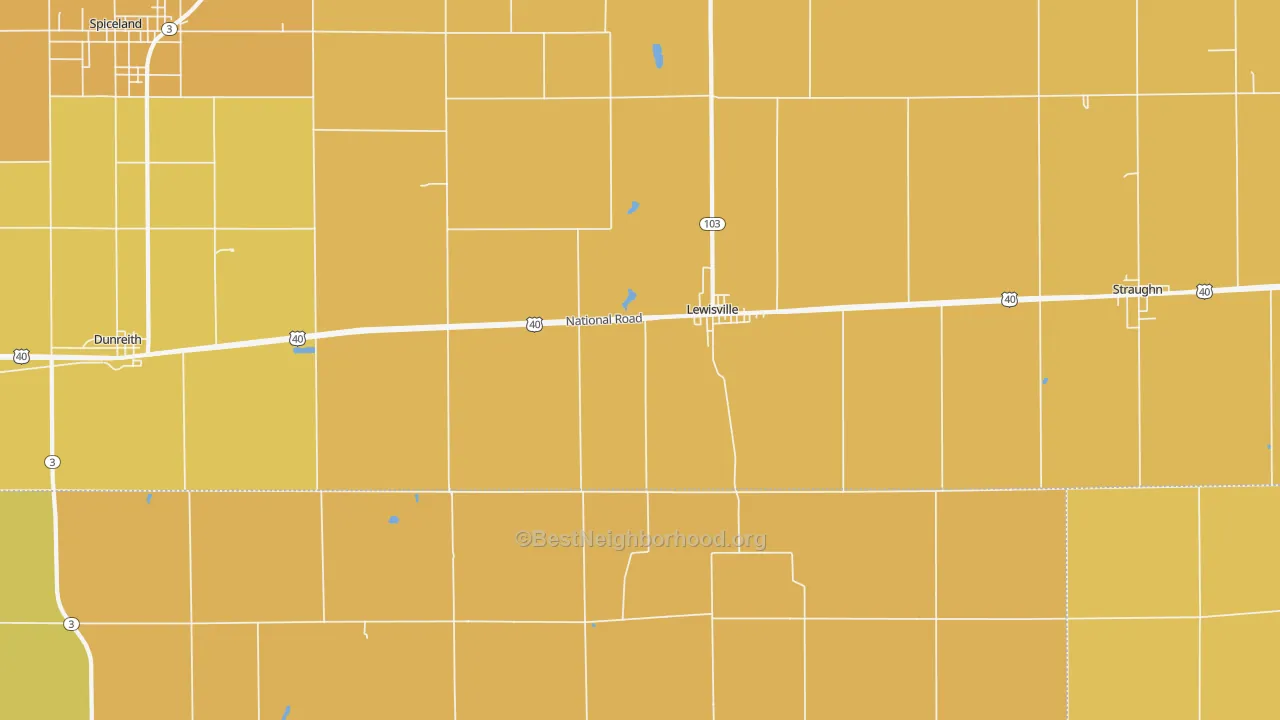 Map of the best neighborhoods in the 47352 area, with better matches in green and worse matches in red