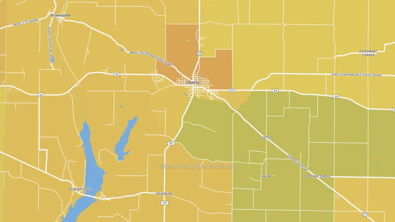 Map of the best neighborhoods in the 47353 area, with better matches in green and worse matches in red