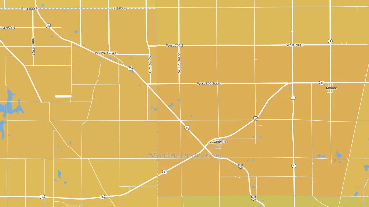 Map of the best neighborhoods in the 47354 area, with better matches in green and worse matches in red