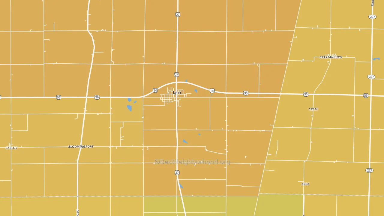 Map of the best neighborhoods in the 47355 area, with better matches in green and worse matches in red