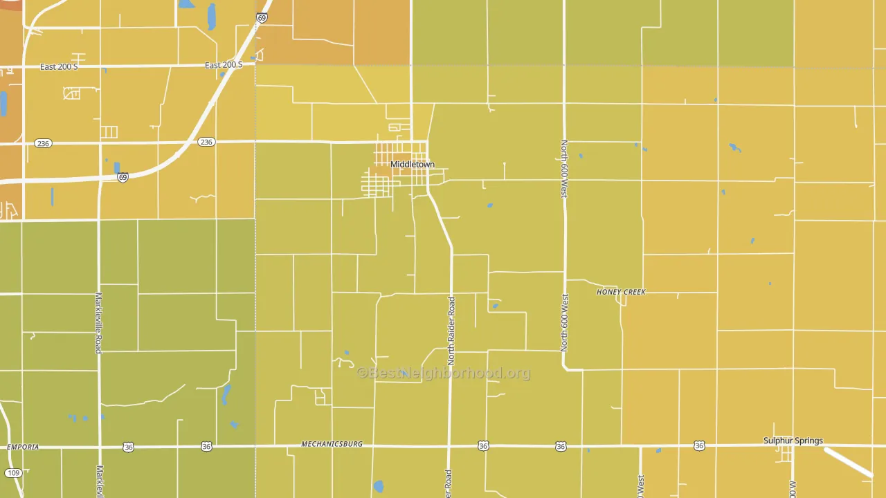 Map of the best neighborhoods in the 47356 area, with better matches in green and worse matches in red