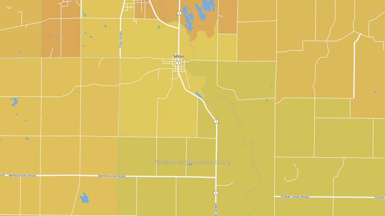 Map of the best neighborhoods in the 47357 area, with better matches in green and worse matches in red