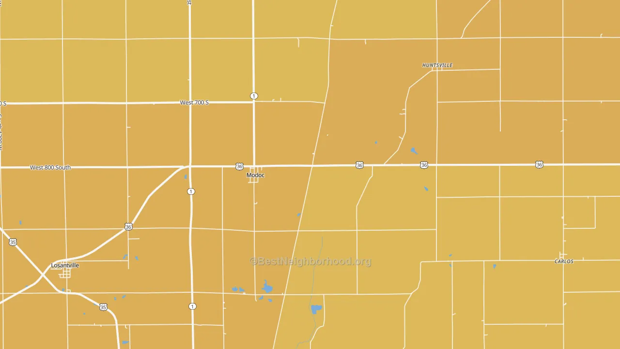 Map of the best neighborhoods in the 47358 area, with better matches in green and worse matches in red
