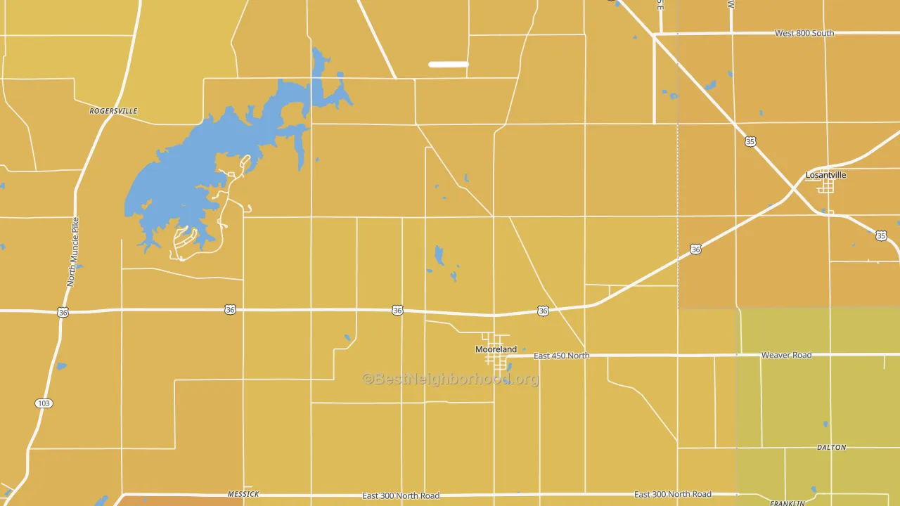 Map of the best neighborhoods in the 47360 area, with better matches in green and worse matches in red