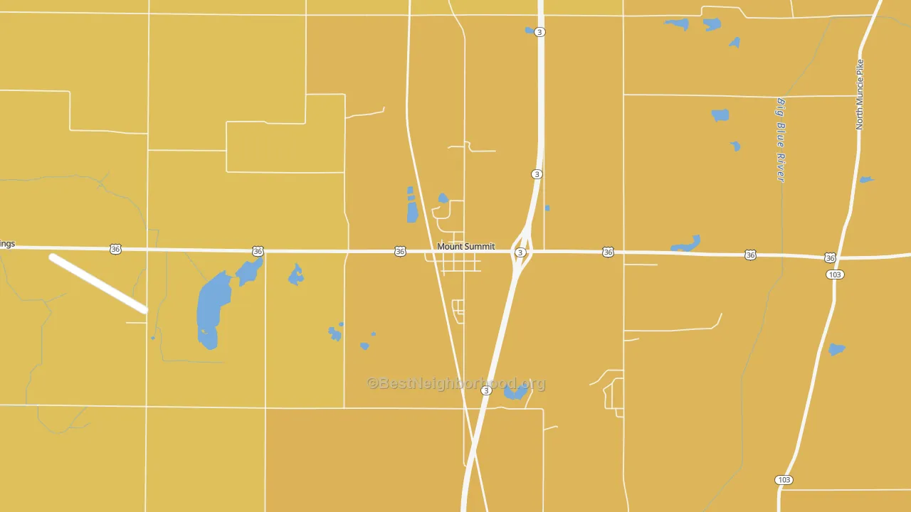 Map of the best neighborhoods in the 47361 area, with better matches in green and worse matches in red
