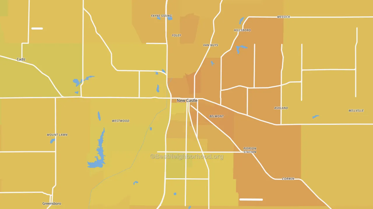 Map of the best neighborhoods in the 47362 area, with better matches in green and worse matches in red