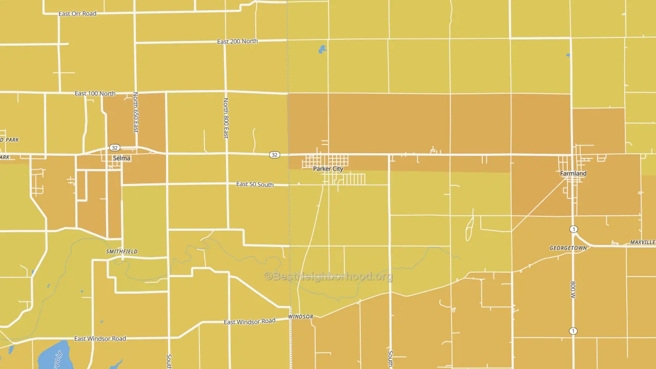 Map of the best neighborhoods in the 47368 area, with better matches in green and worse matches in red