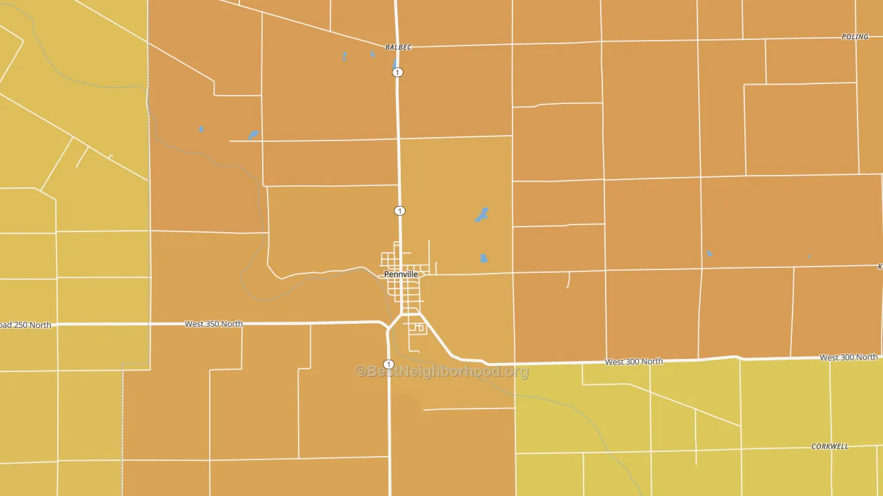 Map of the best neighborhoods in the 47369 area, with better matches in green and worse matches in red