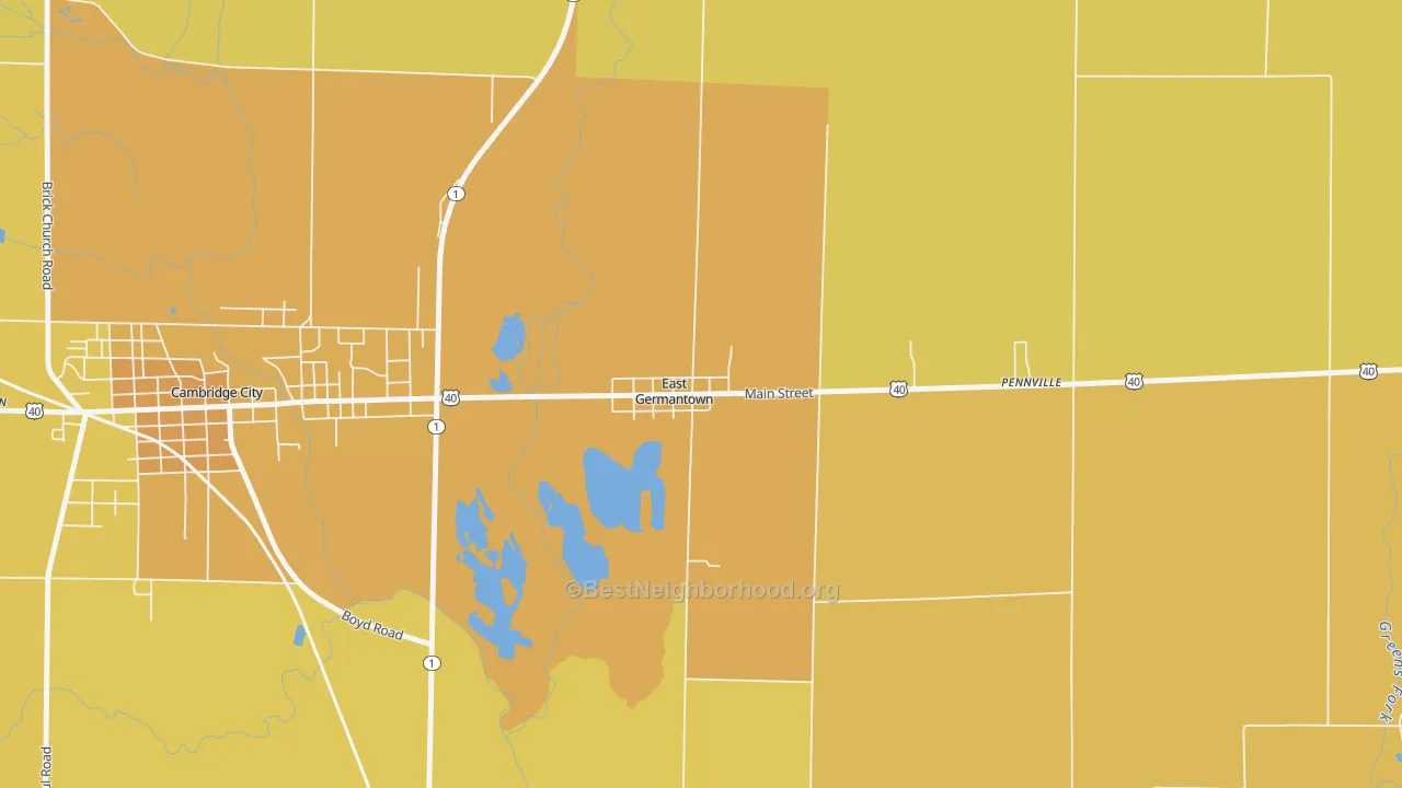 Map of the best neighborhoods in the 47370 area, with better matches in green and worse matches in red