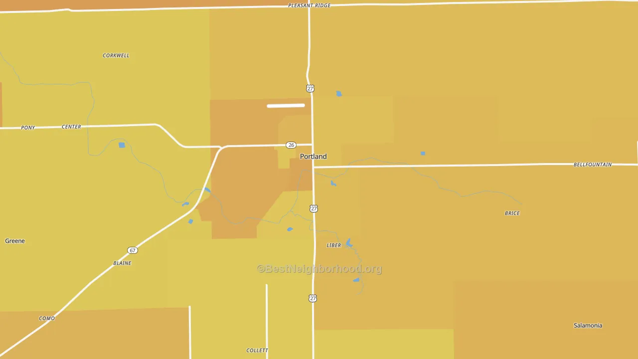 Map of the best neighborhoods in the 47371 area, with better matches in green and worse matches in red