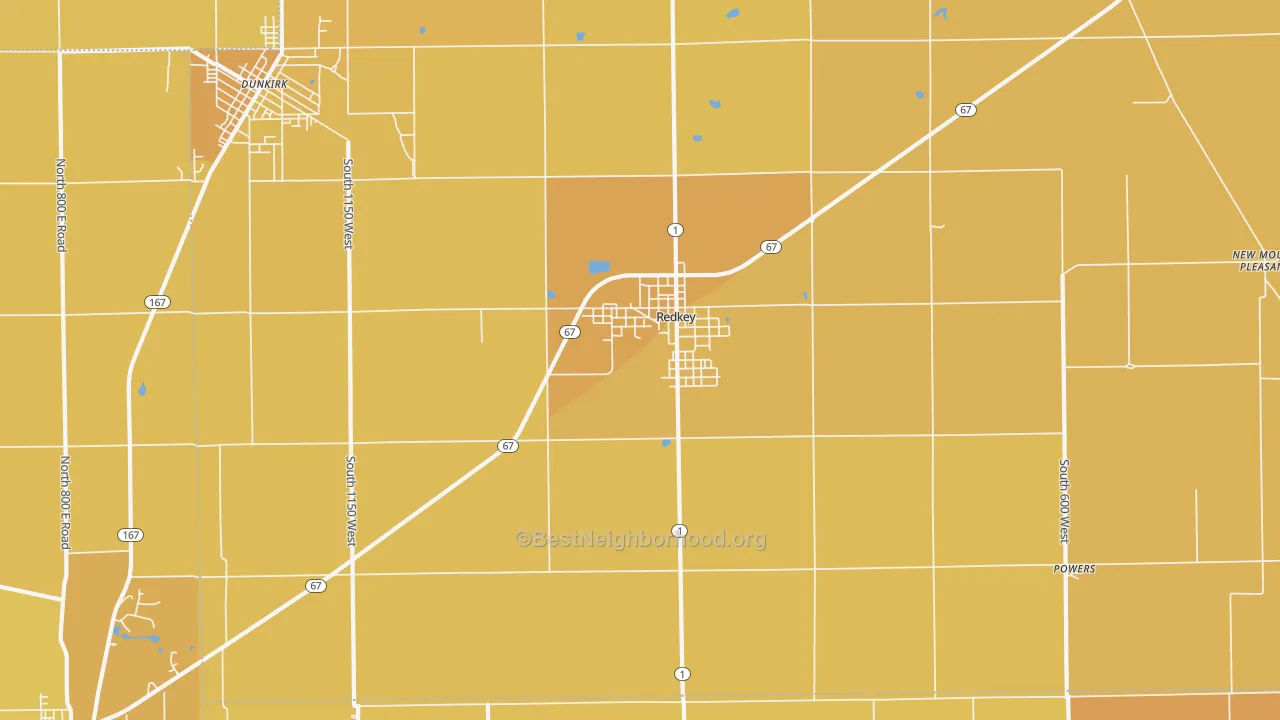 Map of the best neighborhoods in the 47373 area, with better matches in green and worse matches in red