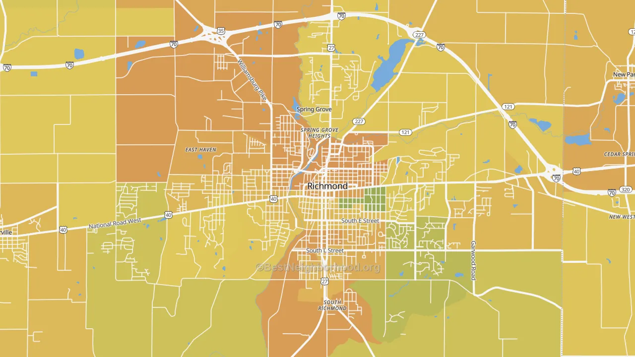 Map of the best neighborhoods in the 47374 area, with better matches in green and worse matches in red