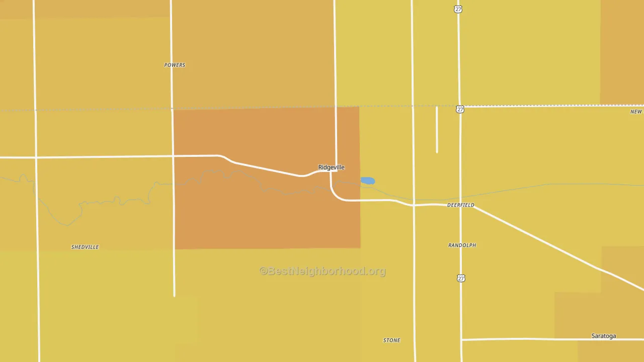 Map of the best neighborhoods in the 47380 area, with better matches in green and worse matches in red