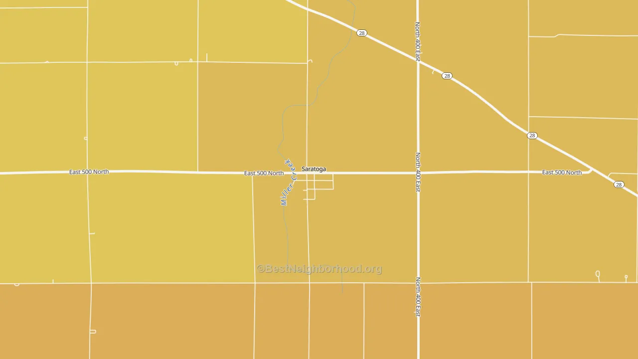 Map of the best neighborhoods in the 47382 area, with better matches in green and worse matches in red