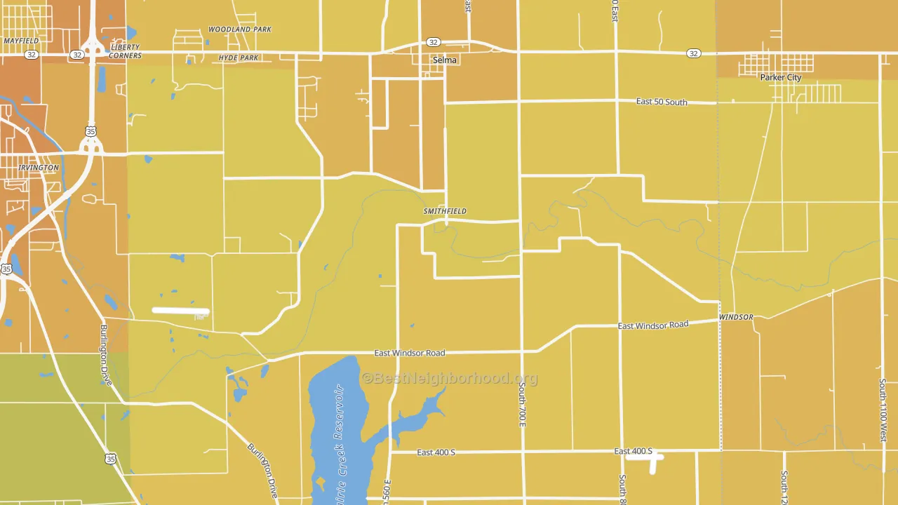 Map of the best neighborhoods in the 47383 area, with better matches in green and worse matches in red
