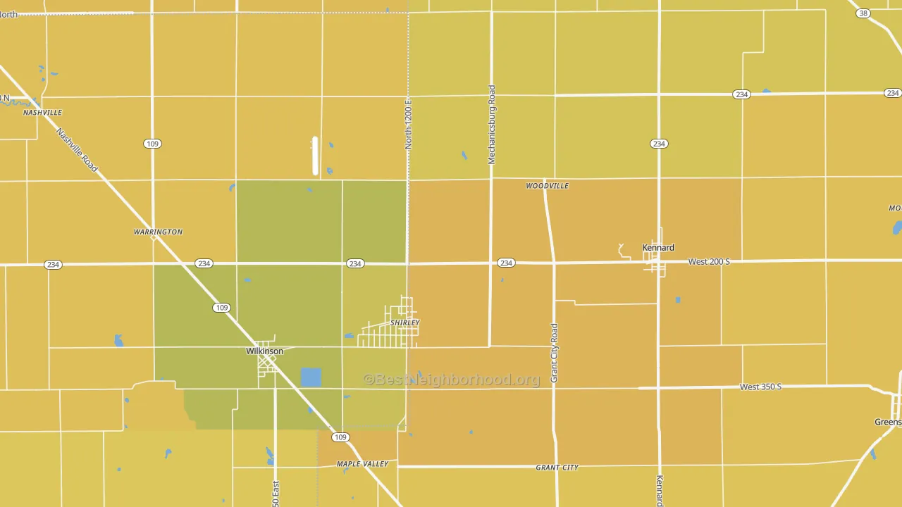 Map of the best neighborhoods in the 47384 area, with better matches in green and worse matches in red