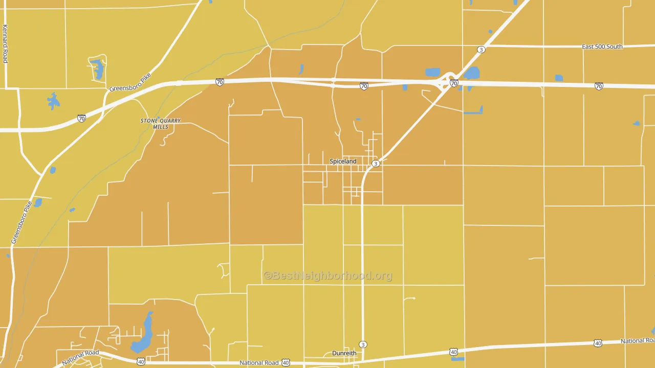 Map of the best neighborhoods in the 47385 area, with better matches in green and worse matches in red