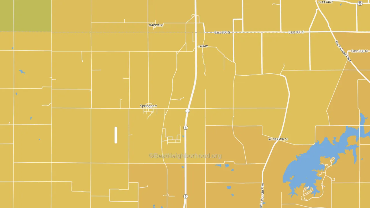 Map of the best neighborhoods in the 47386 area, with better matches in green and worse matches in red