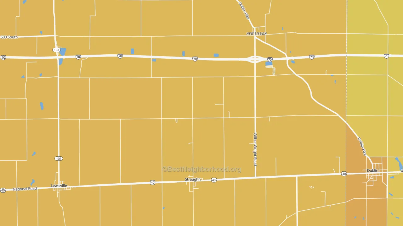 Map of the best neighborhoods in the 47387 area, with better matches in green and worse matches in red