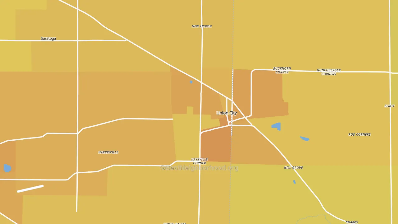 Map of the best neighborhoods in the 47390 area, with better matches in green and worse matches in red