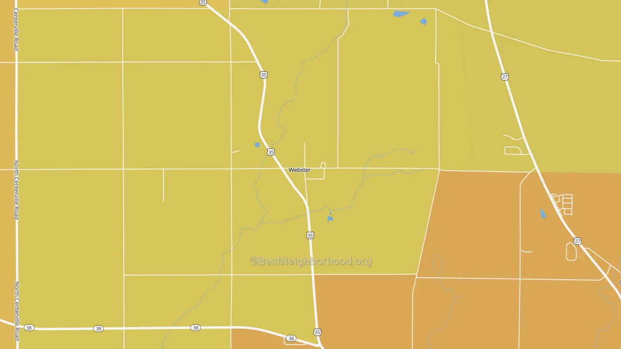 Map of the best neighborhoods in the 47392 area, with better matches in green and worse matches in red