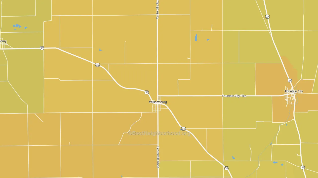 Map of the best neighborhoods in the 47393 area, with better matches in green and worse matches in red