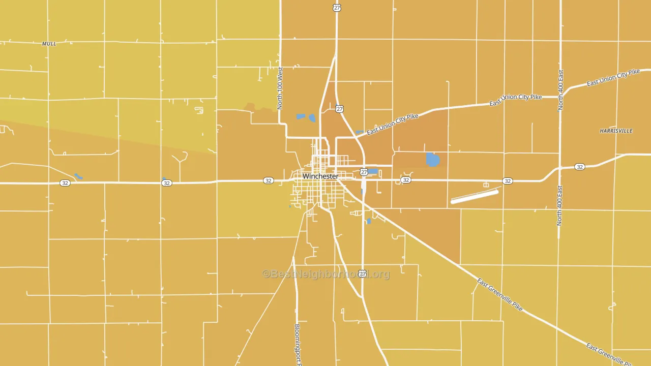 Map of the best neighborhoods in the 47394 area, with better matches in green and worse matches in red