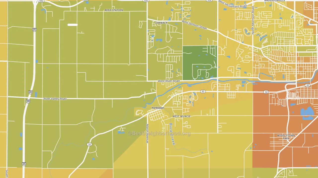 Map of the best neighborhoods in the 47396 area, with better matches in green and worse matches in red