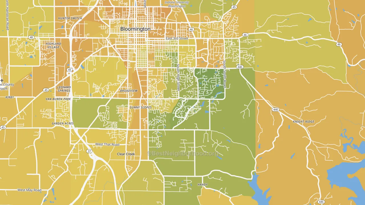 Map of the best neighborhoods in the 47401 area, with better matches in green and worse matches in red