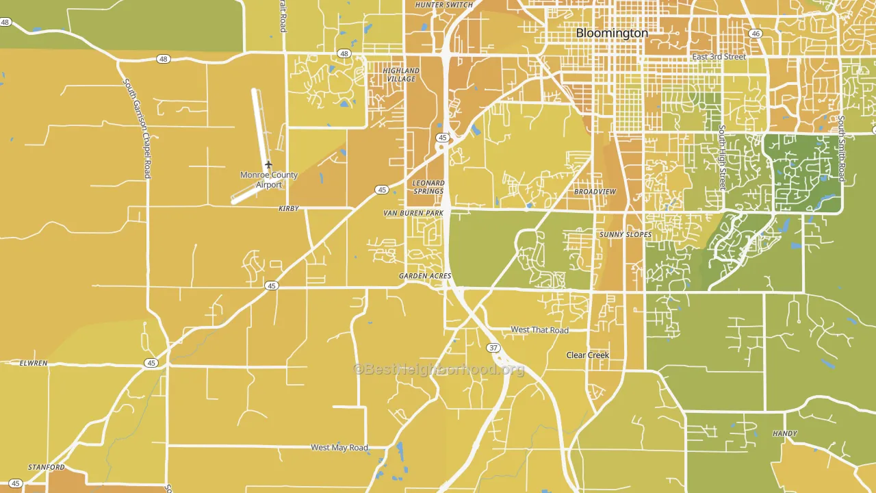 Map of the best neighborhoods in the 47403 area, with better matches in green and worse matches in red