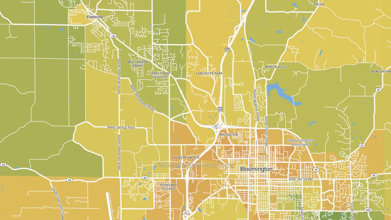 Map of the best neighborhoods in the 47404 area, with better matches in green and worse matches in red