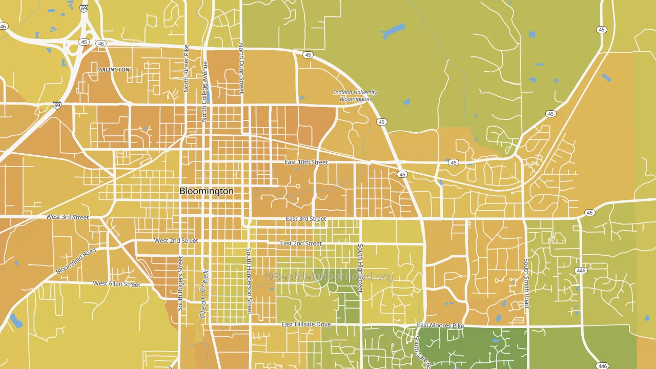 Map of the best neighborhoods in the 47405 area, with better matches in green and worse matches in red
