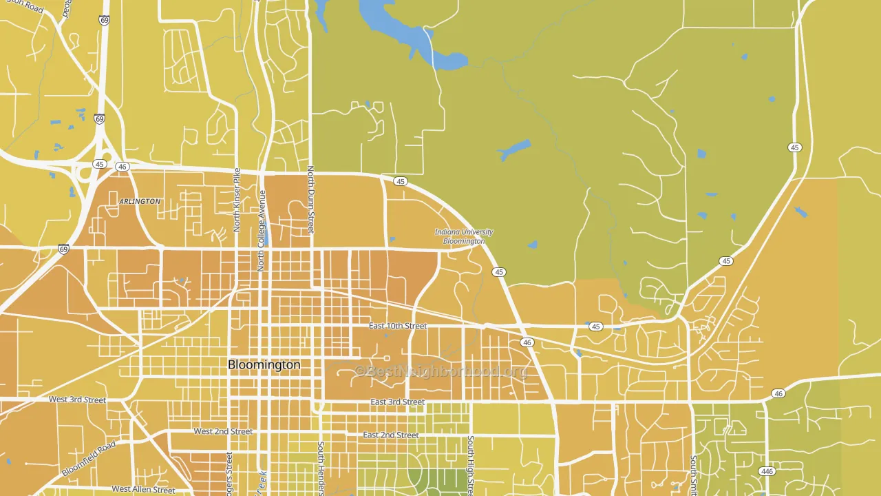 Map of the best neighborhoods in the 47406 area, with better matches in green and worse matches in red