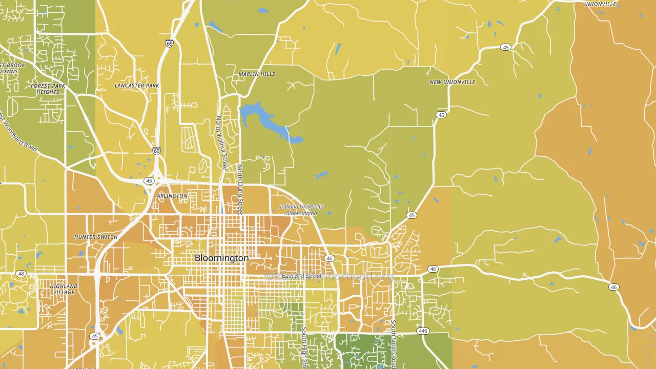 Map of the best neighborhoods in the 47408 area, with better matches in green and worse matches in red