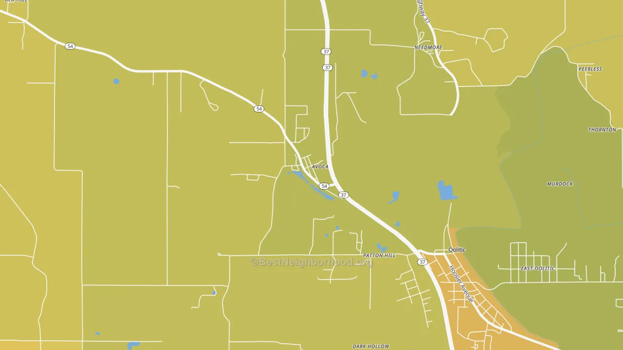 Map of the best neighborhoods in the 47420 area, with better matches in green and worse matches in red