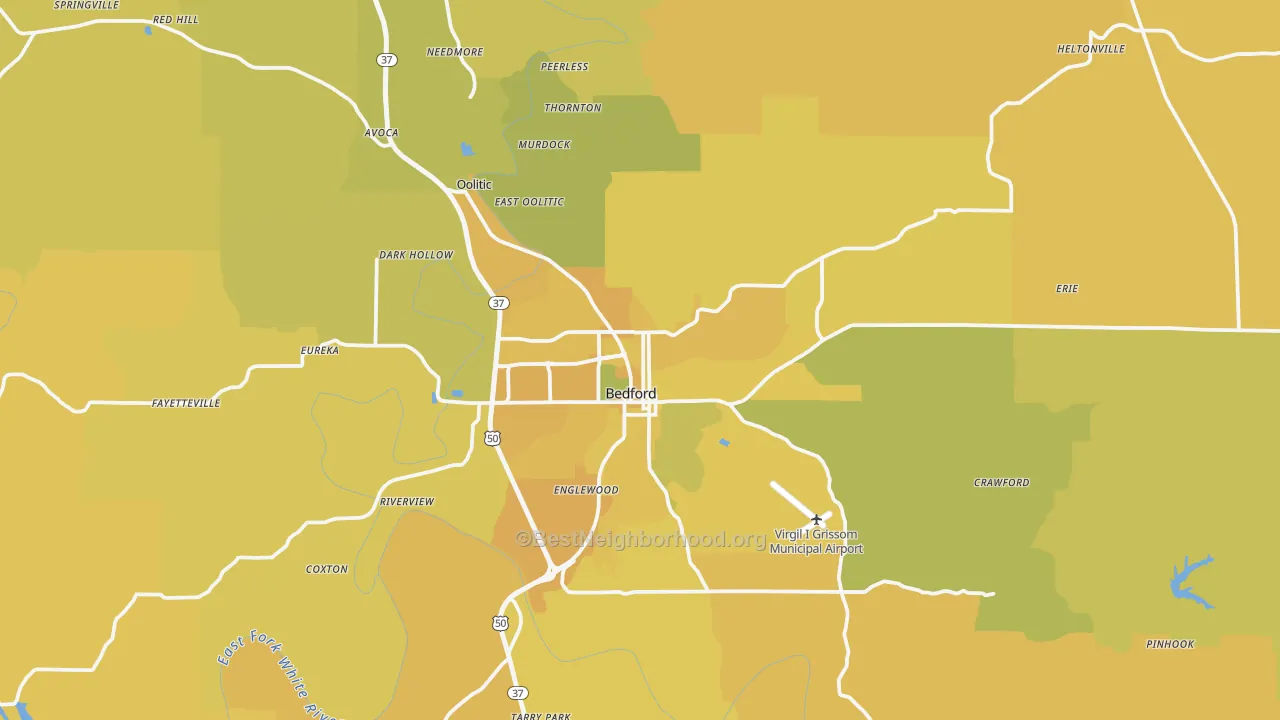 Map of the best neighborhoods in the 47421 area, with better matches in green and worse matches in red