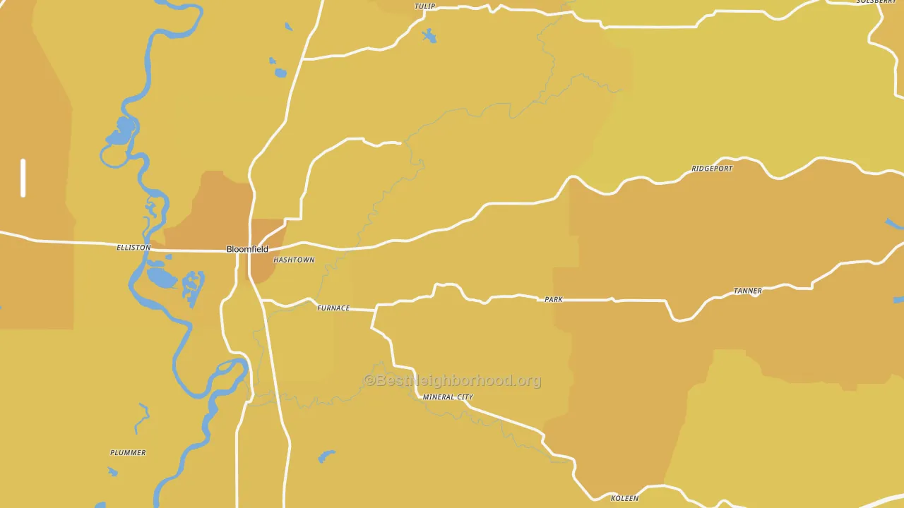 Map of the best neighborhoods in the 47424 area, with better matches in green and worse matches in red