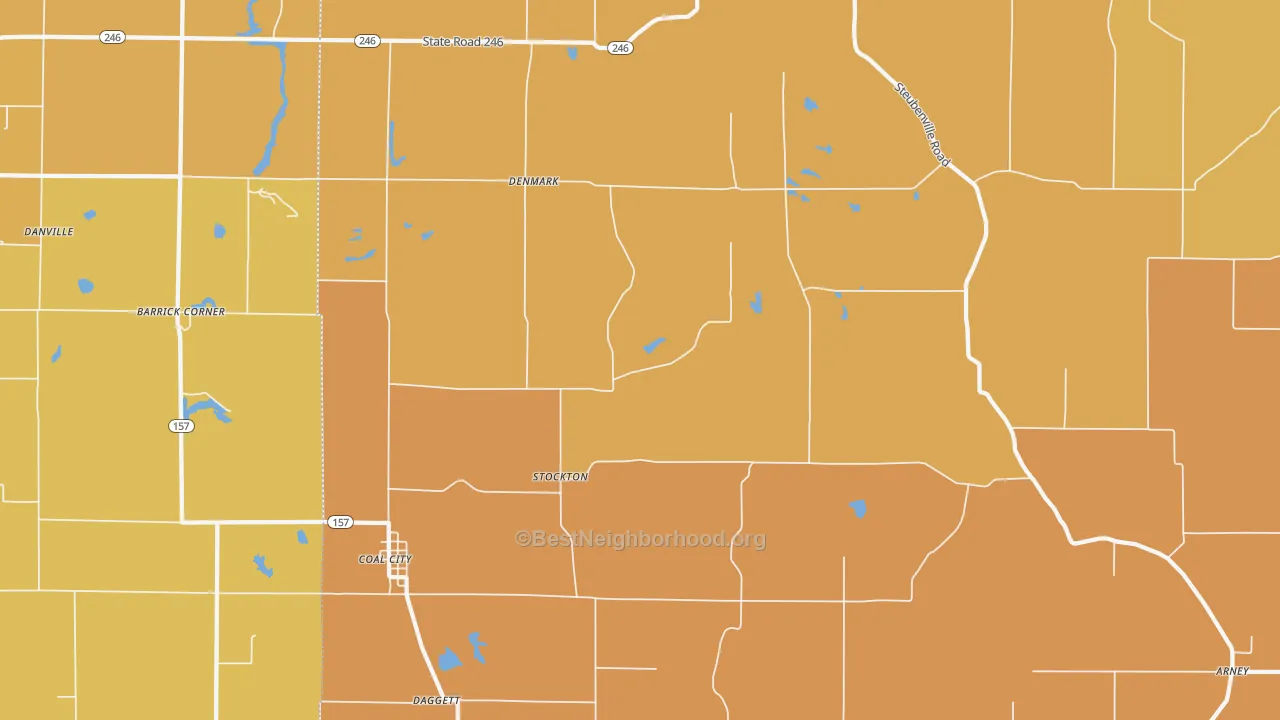 Map of the best neighborhoods in the 47427 area, with better matches in green and worse matches in red