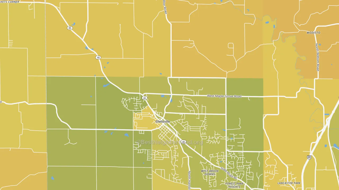 Map of the best neighborhoods in the 47429 area, with better matches in green and worse matches in red