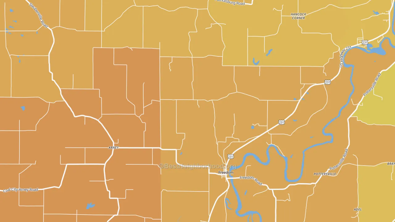 Map of the best neighborhoods in the 47431 area, with better matches in green and worse matches in red