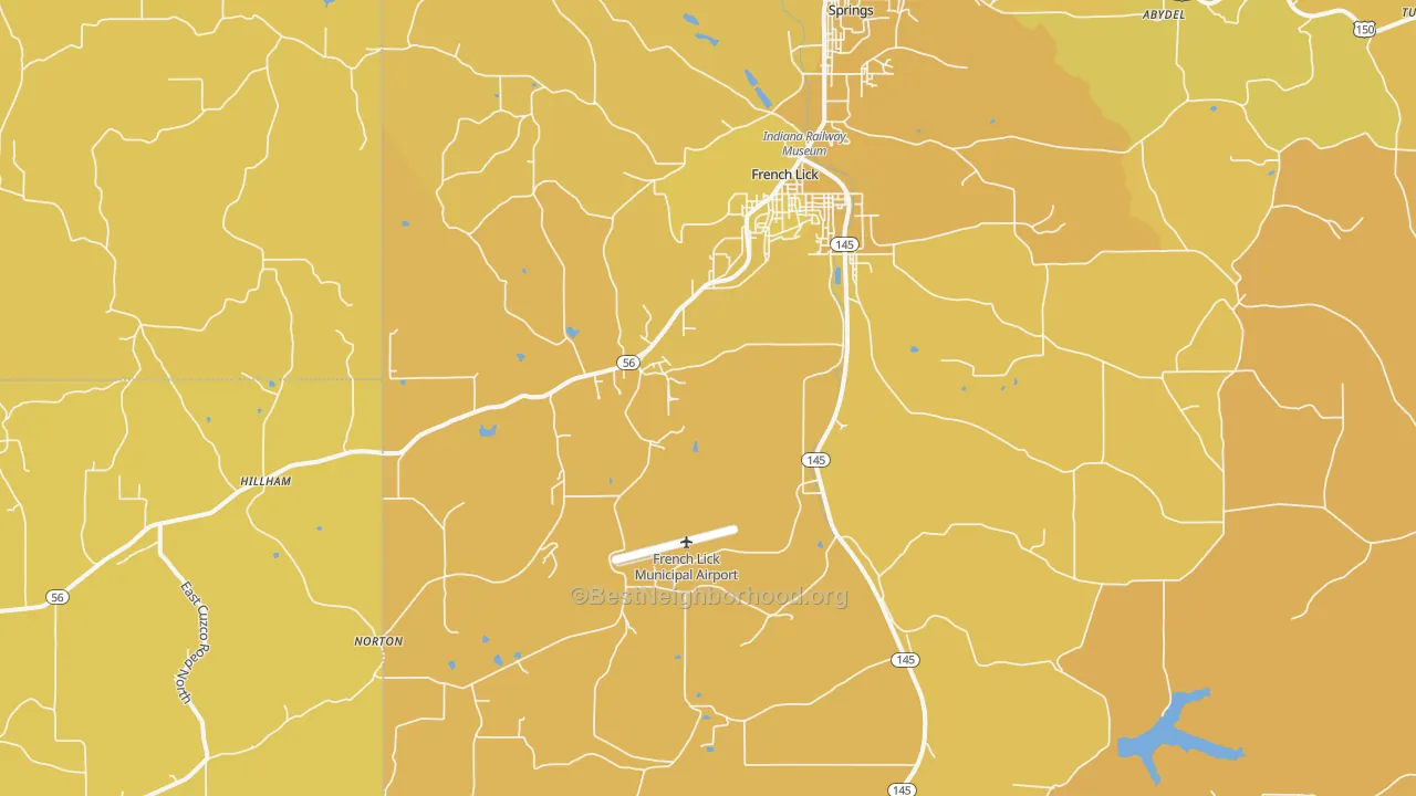 Map of the best neighborhoods in the 47432 area, with better matches in green and worse matches in red