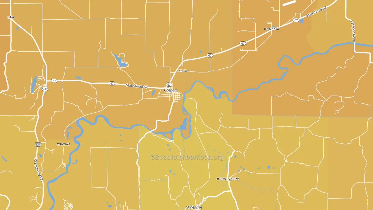 Map of the best neighborhoods in the 47433 area, with better matches in green and worse matches in red