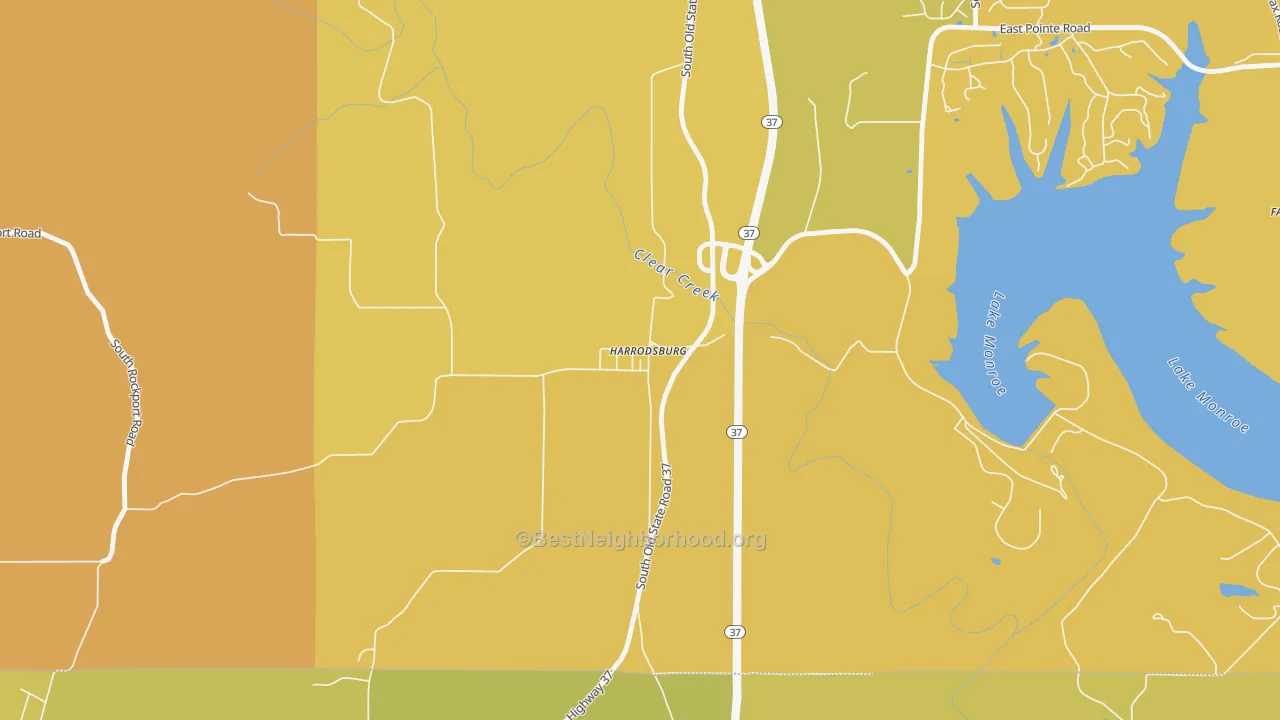 Map of the best neighborhoods in the 47434 area, with better matches in green and worse matches in red