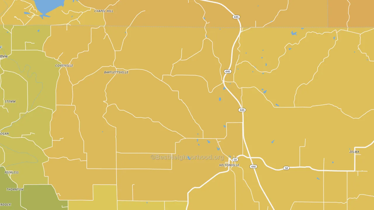 Map of the best neighborhoods in the 47436 area, with better matches in green and worse matches in red